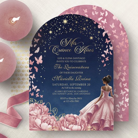 Blush Pink Night Sky Butterflies Quinceanera Kaart
