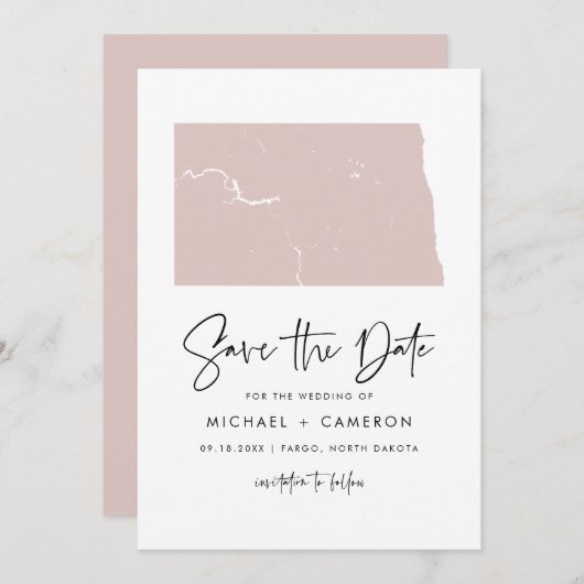 Blush Pink North Dakota Map Minimalist Script Save The Date (Voorkant / Achterkant)