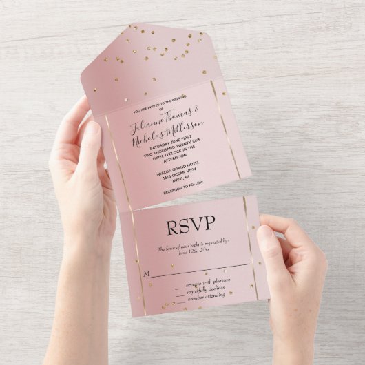 Blush Pink Ombre Gold Glam Confetti Wedding All In One Uitnodiging (Afscheurbaar)
