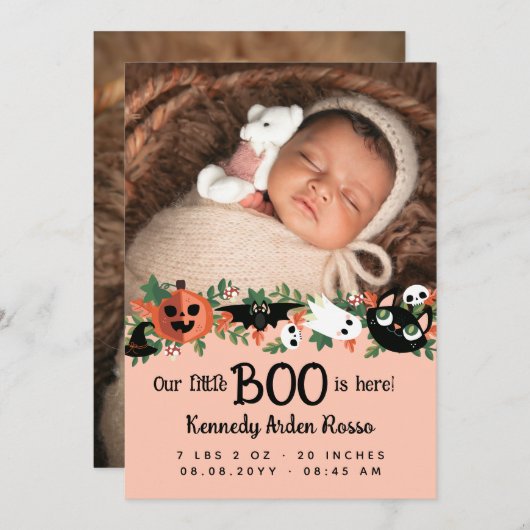 Blush Pink Onze kleine boo is hier Halloween Baby Aankondiging (Voorkant / Achterkant)