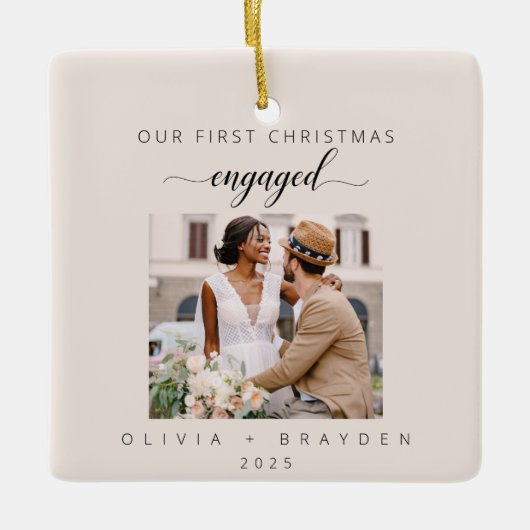 Blush Pink Our First Christmas As Engaged Photo Keramisch Ornament (Voorkant)