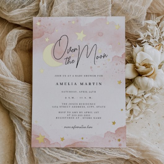 Blush Pink Over the Moon Gold Foil Baby shower Folie Uitnodiging