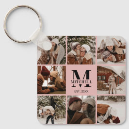 Blush Pink Paar Fotocollage | Monogram cadeau Sleutelhanger
