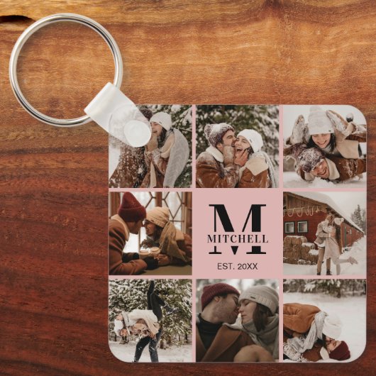 Blush Pink Paar Fotocollage | Monogram cadeau Sleutelhanger (Voorkant)