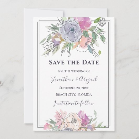 Blush Pink Paars Floral Grey Lijst Weddenschap Save The Date (Voorkant)