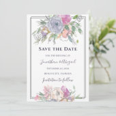 Blush Pink Paars Floral Grey Lijst Weddenschap Save The Date (Staand voorkant)