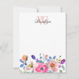 Blush Pink Paarse Floral Blauwgroen Leaves Monogra Notitiekaartje