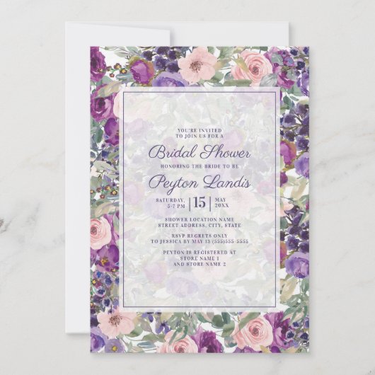 Blush Pink Paarse Floral Sage Green Leaves Bridal Kaart (Voorkant)