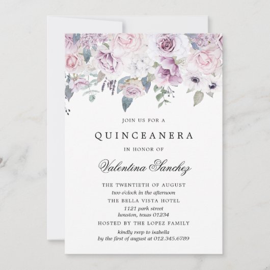 Blush Pink Paarse Waterverf Floral Quinceanera Kaart (Voorkant)