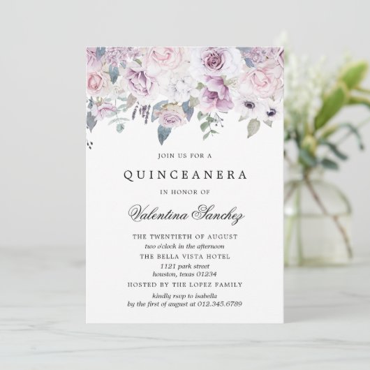 Blush Pink Paarse Waterverf Floral Quinceanera Kaart (Staand voorkant)