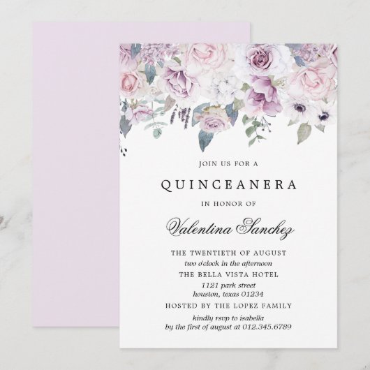 Blush Pink Paarse Waterverf Floral Quinceanera Kaart (Voorkant / Achterkant)