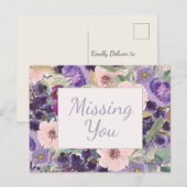 Blush Pink Paarse Waterverf Floral Vermist je Briefkaart (Voorkant / Achterkant)