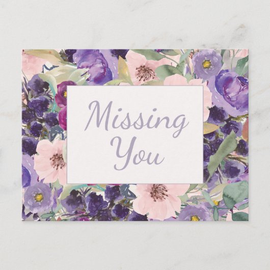 Blush Pink Paarse Waterverf Floral Vermist je Briefkaart (Voorkant)