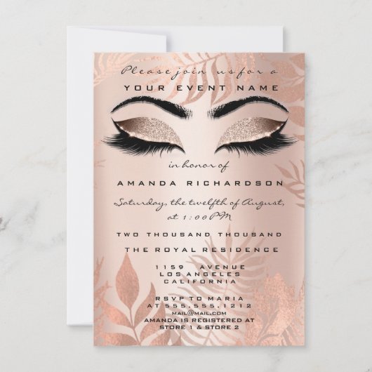 Blush Pink Palm Makeup Glitter Copper 16th Bride Kaart (Voorkant)