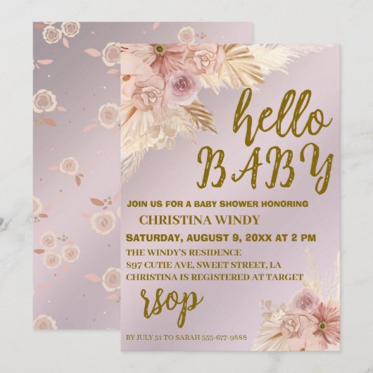 Blush Pink Pampas Baby shower Uitnodiging (Voorkant / Achterkant)