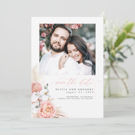 Blush Pink Pampas Grass Sla de datum foto op Save The Date (Staand voorkant)