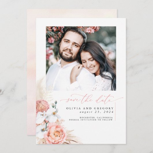 Blush Pink Pampas Grass Sla de datum foto op Save The Date (Voorkant / Achterkant)