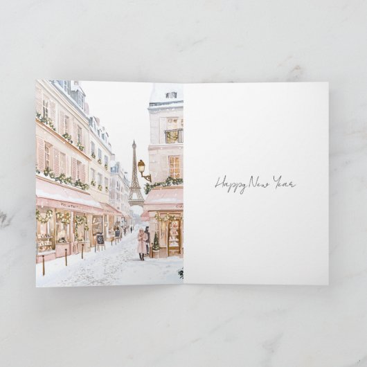 Blush Pink Paris Eiffel Tower Winter Christmas Kaart (Binnen)