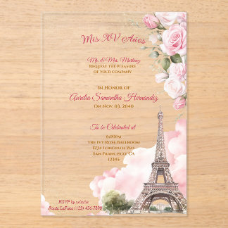 Blush Pink Paris Quinceañera Acryl Uitnodigingen