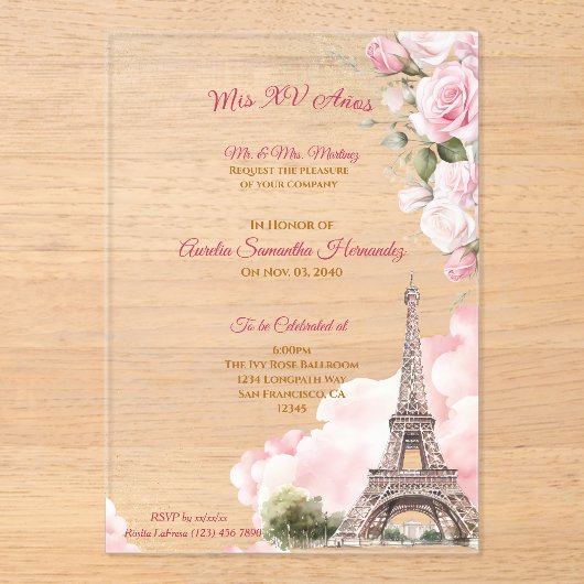 Blush Pink Paris Quinceañera Acryl Uitnodigingen (Voorkant)