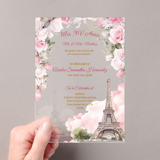 Blush Pink Paris Quinceañera Acryl Uitnodigingen (Insitu (Draagbaar))