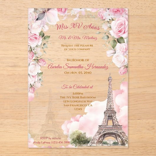 Blush Pink Paris Quinceañera Acryl Uitnodigingen (Voorkant)