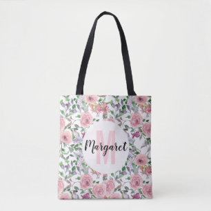 Blush Pink Pastel Floral Roos Waterverf Monogram Tote Bag