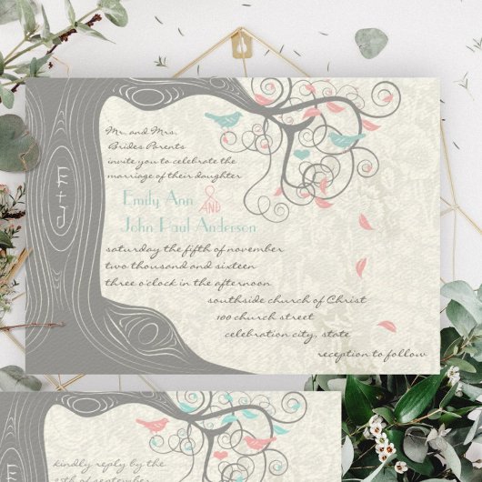 Blush Pink Pastel Mint en Grey Lovebird Wedding Kaart