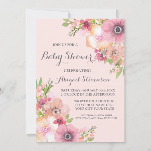 Blush Pink Pastel Waterverf Flowers Baby shower Kaart (Achterkant)