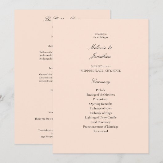 Blush Pink Pastel Wedding Ceremony Program Kaart (Voorkant / Achterkant)