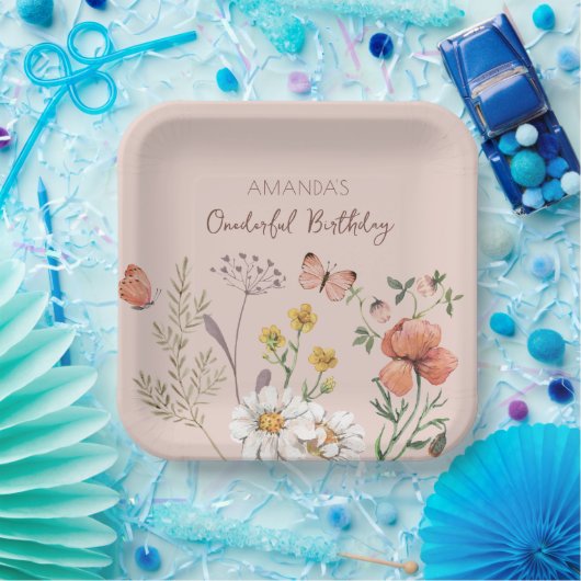 Blush Pink Peach Bloemen Wildflower Square Papieren Bordje (Feest)