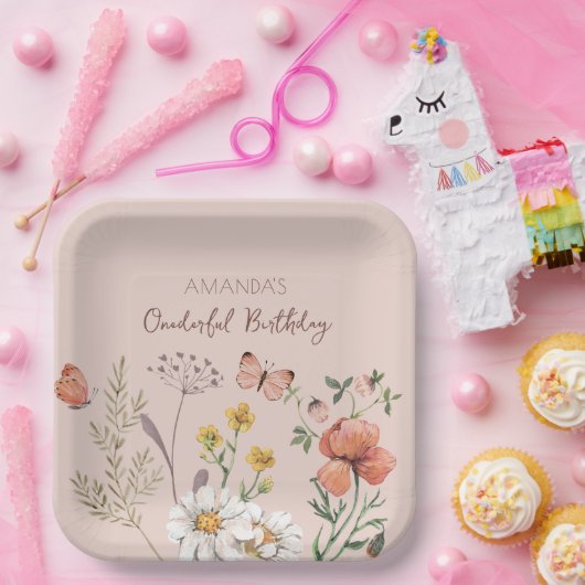 Blush Pink Peach Bloemen Wildflower Square Papieren Bordje (Feest)