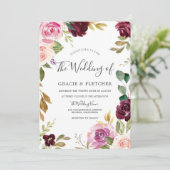 Blush Pink Peach Bourgundy Floral Wreath Wedding Kaart (Staand voorkant)