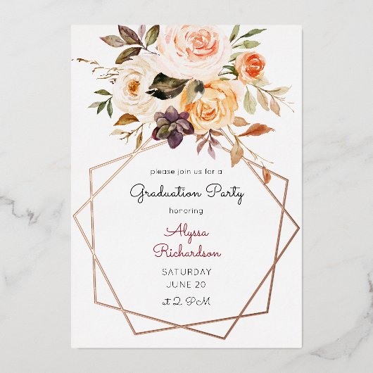 Blush Pink & Peach Floral & Lijst Graduparty Folie Uitnodiging (Voorkant)