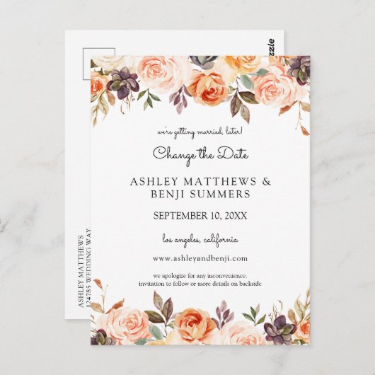 Blush Pink Peach Floral Verander de datum 2 Briefk Briefkaart (Voorkant / Achterkant)
