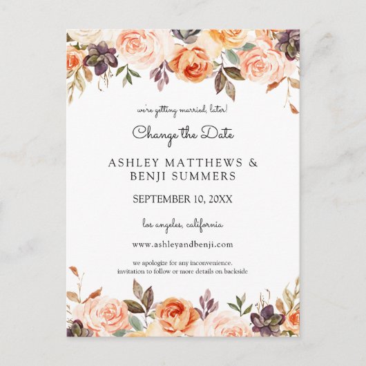 Blush Pink Peach Floral Verander de datum 2 Briefk Briefkaart (Voorkant)
