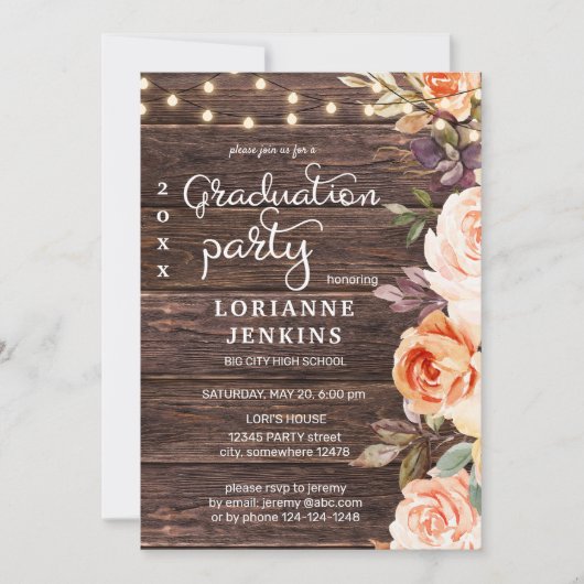 Blush Pink & Peach Floral Wood Afstuderen met foto Kaart (Voorkant)
