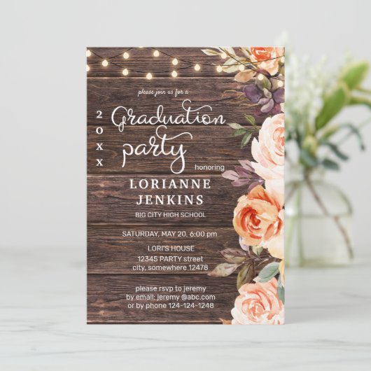 Blush Pink & Peach Floral Wood Afstuderen met foto Kaart (Staand voorkant)