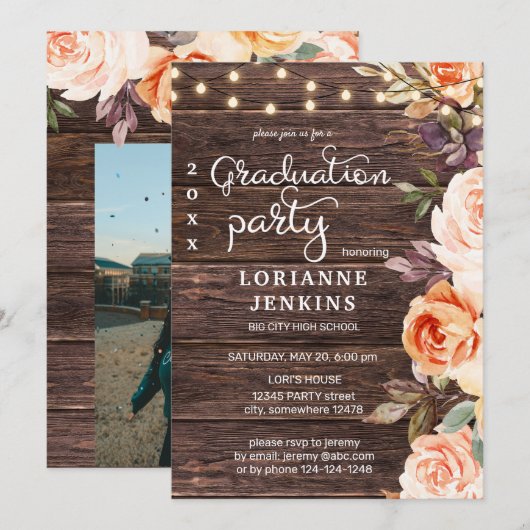 Blush Pink & Peach Floral Wood Afstuderen met foto Kaart (Voorkant / Achterkant)