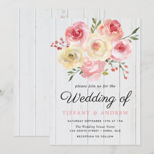 Blush Pink Peach Flowers Wood Weddenschap Uitnodig Kaart (Voorkant / Achterkant)