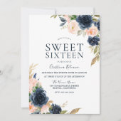 Blush Pink Peach & Navy Sweet 16 Birthday Party Kaart (Voorkant)