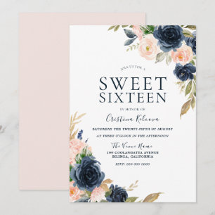 Blush Pink Peach & Navy Sweet 16 Birthday Party Kaart