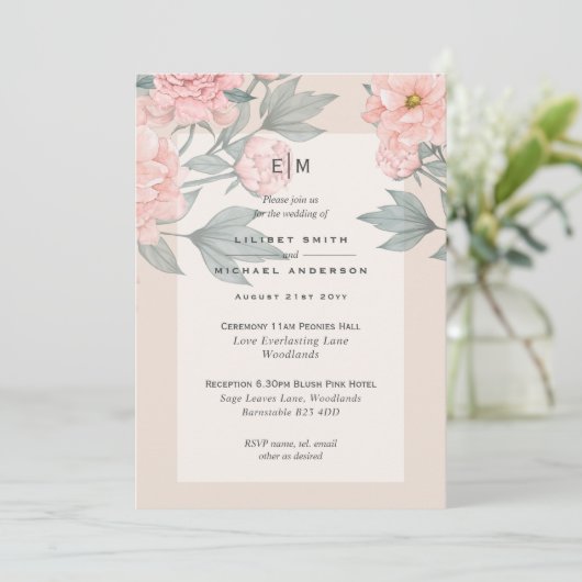 Blush Pink Peach PEONIES Weddenschap Uitnodigen to (Staand voorkant)