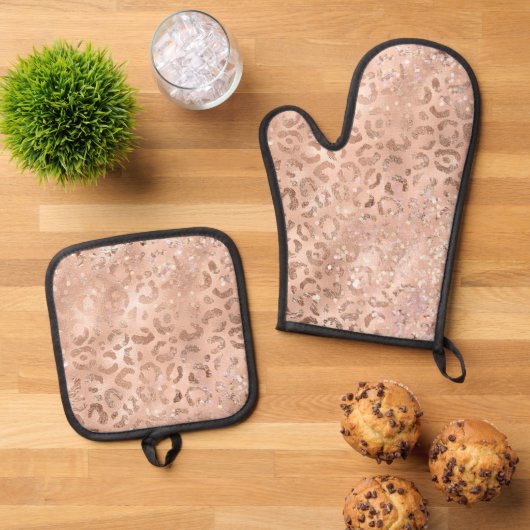 Blush Pink Peach Roos Gold Leopard Ovenwant & Pannenlap Set (Top down)