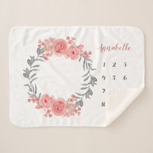 Blush Pink Peach Roos WreatFloral Baby Milestone Sherpa Deken