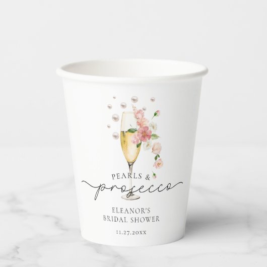 Blush Pink Pearls & Prosecco Vrijgezellenfeest Papieren Bekers (Voorkant)
