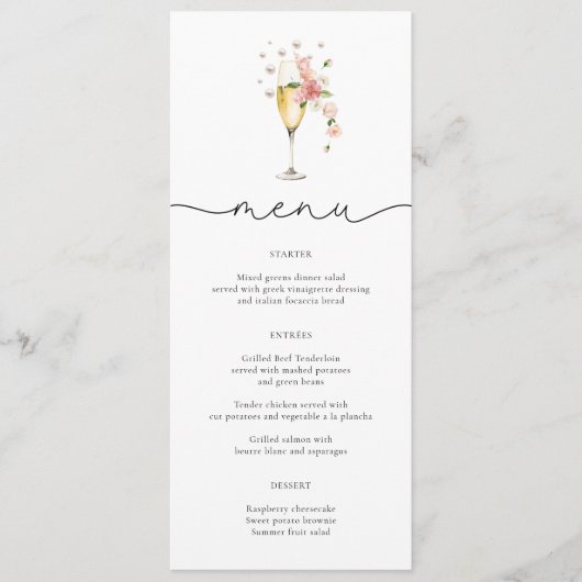 Blush Pink Pearls & Prosecco Wildflower Menu Kaart (Voorkant)