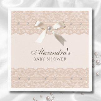 Blush Pink Pearls Satijn Bow Lace Baby shower Servet