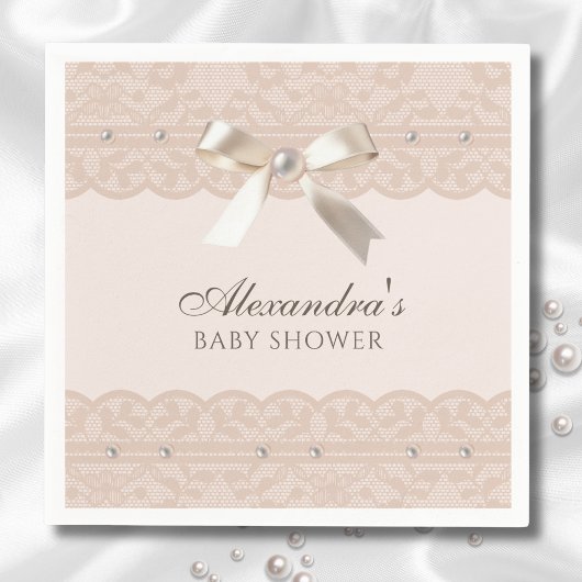 Blush Pink Pearls Satijn Bow Lace Baby shower Servet