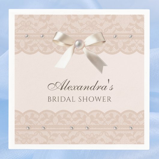 Blush Pink Pearls Satijn Bow Lace Vrijgezellenfees Servet